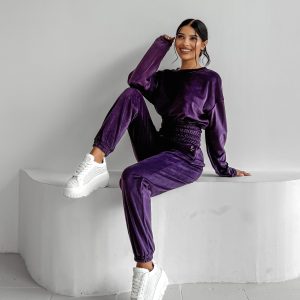 Komplet damski welurowy VELVET STORM OLAVOGA śliwkowy - obrazek 1